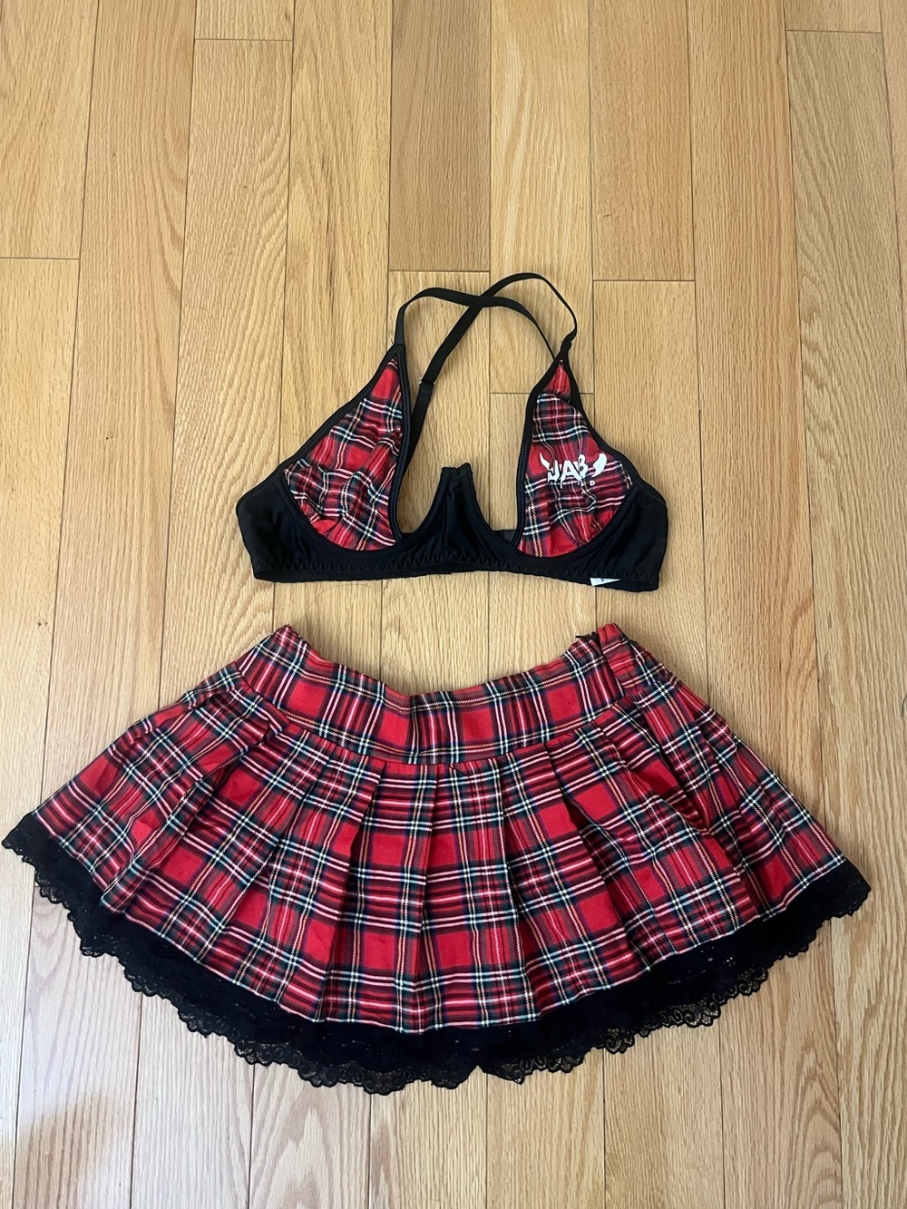 Red Plaid Pleated Mini Skirt with Lace Trim - Women's Schoolgirl Inspired